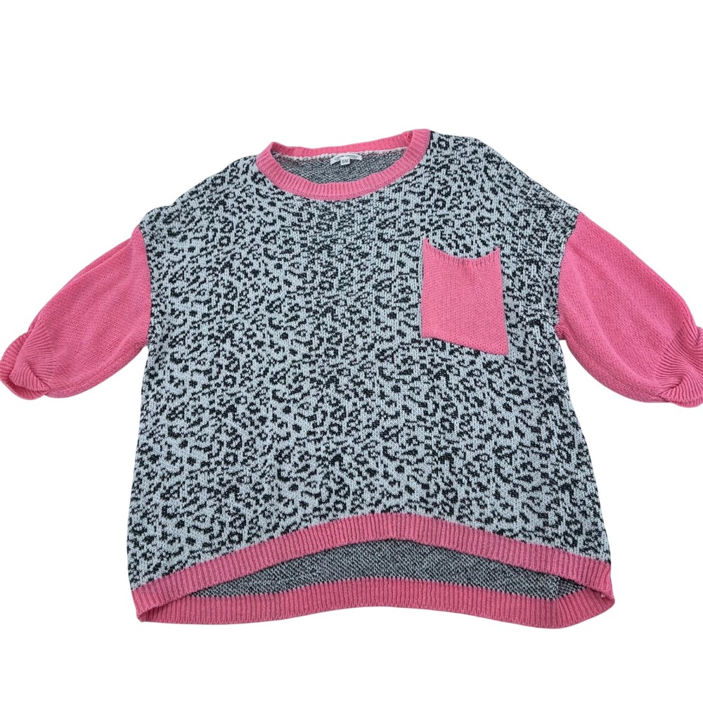 Carole Christian Pink Leopard Print Oversized Knit Sweater S/M 3/4 Sleeve Pocket